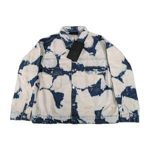 Black Scale Denim Jacket Mens Large Blue White Acid Wash Jean‎ Button Up New